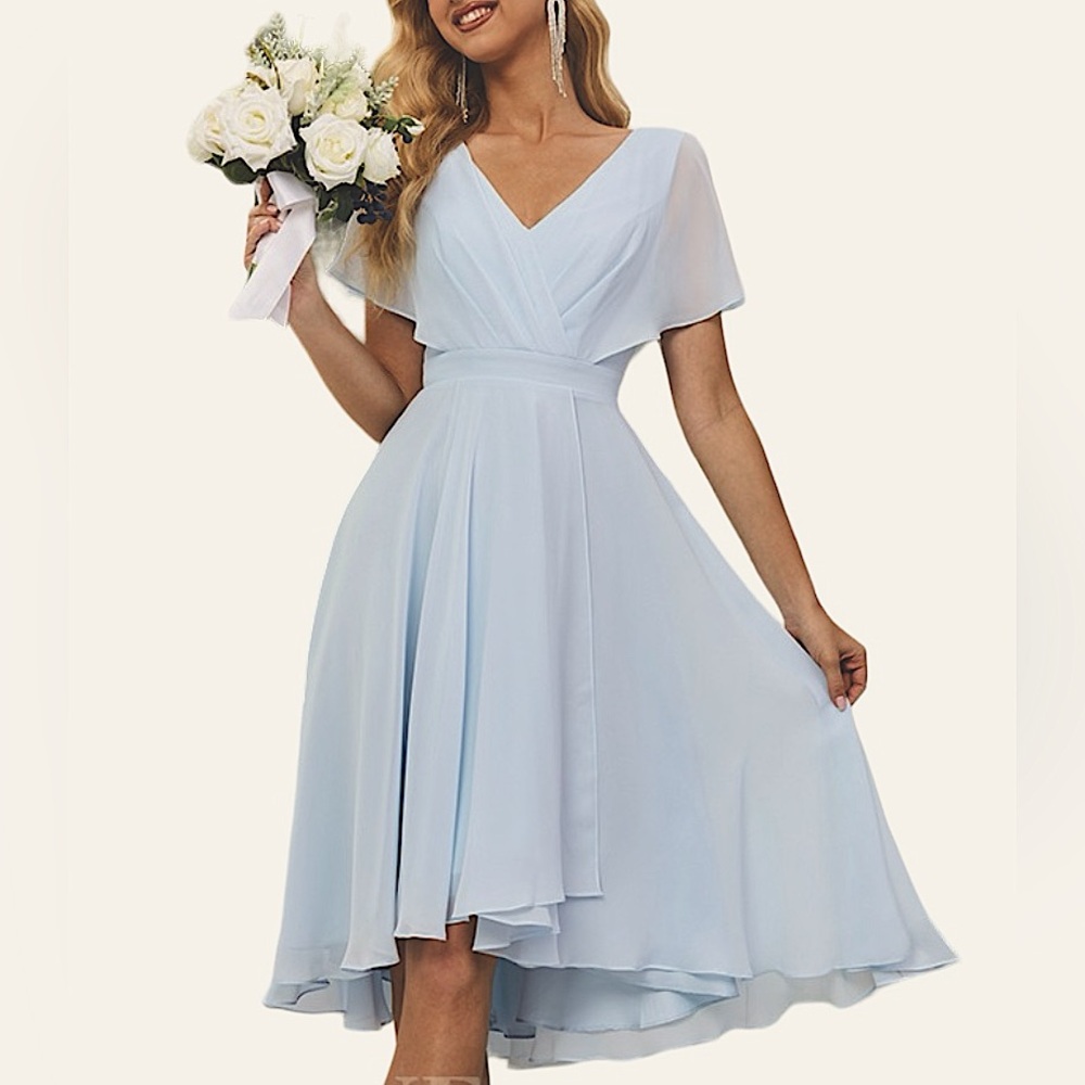 LanTing Bride Flutter Sleeve Chiffon Baby Blue Bridesmaid Dress NEW